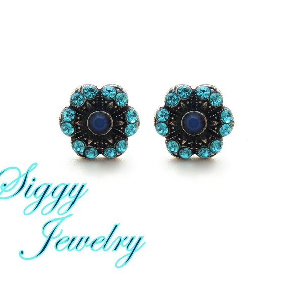 Austrian Crystal Flower Stud Halo Earrings in Blue and Light Turquoise - Picture 1 of 6